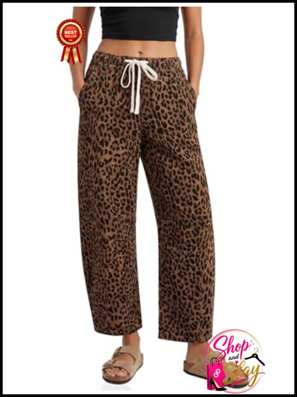 Barrel Leg High Waisted Drawstring Denim Jeans Leopard Print Wide Leg Ankle